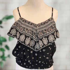 American Eagle Black Paisley Crop Spaghetti Strap Tank with Flounce Neckline M
